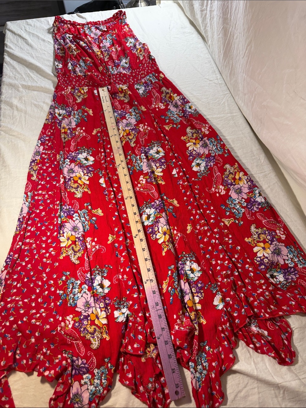 Red Floral Maxi Dress with Smocked Waist and Feminine Scoop Neck